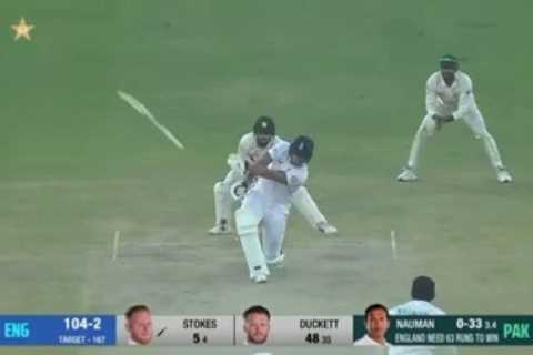Watch Ben Stokes accidentally launch bat further than ball as England move to brink of victory in Third Test vs Pakistan